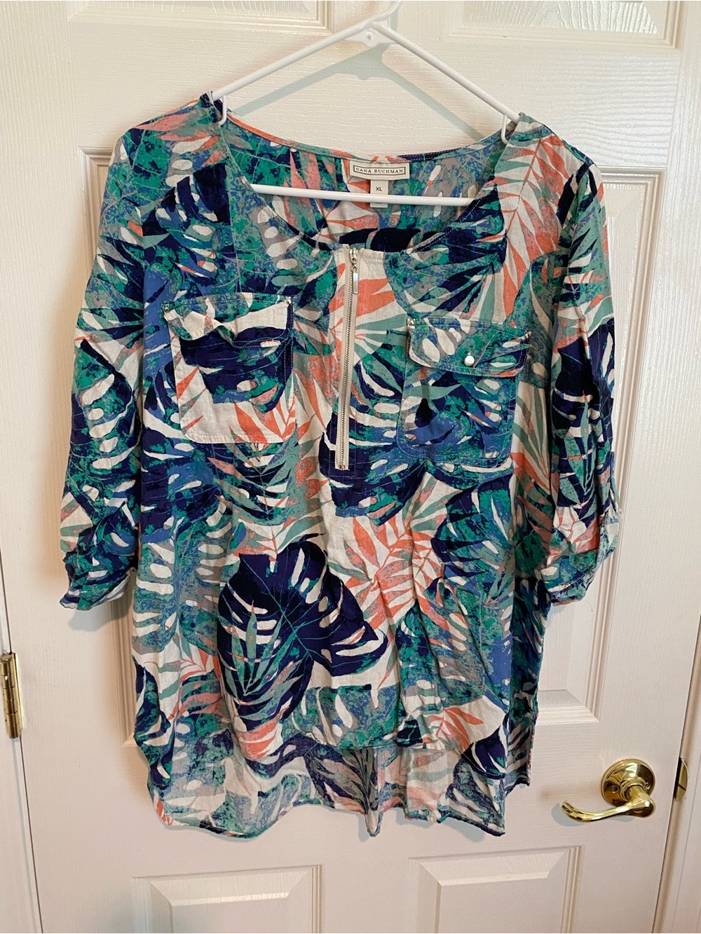 Dana Buchman Multicolor Leaf Print Top in Teal, Navy & Coral